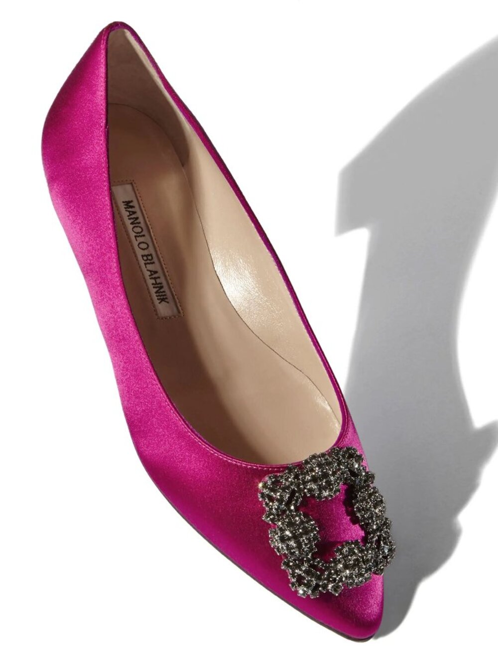 NWT Monolo Blahnik HANGISIFLATUS Dark Fuchsia Satin Jewel Buckle Flat Pumps